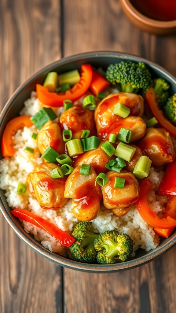 A colorful chicken bowl with marinated chicken, rice, and fresh vegetables, garnished with cilantro and green onions.